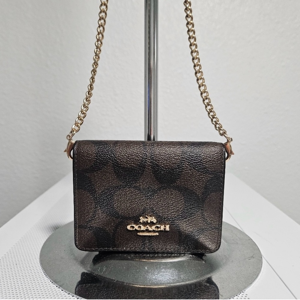 COACH BROWN SIGNATURE MONOGRAM MINI CROSSBODY WITH GOLD TONE CHAIN